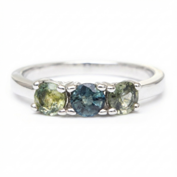 Blue and Green Sapphire Trilogy Ring in Sterling Silver